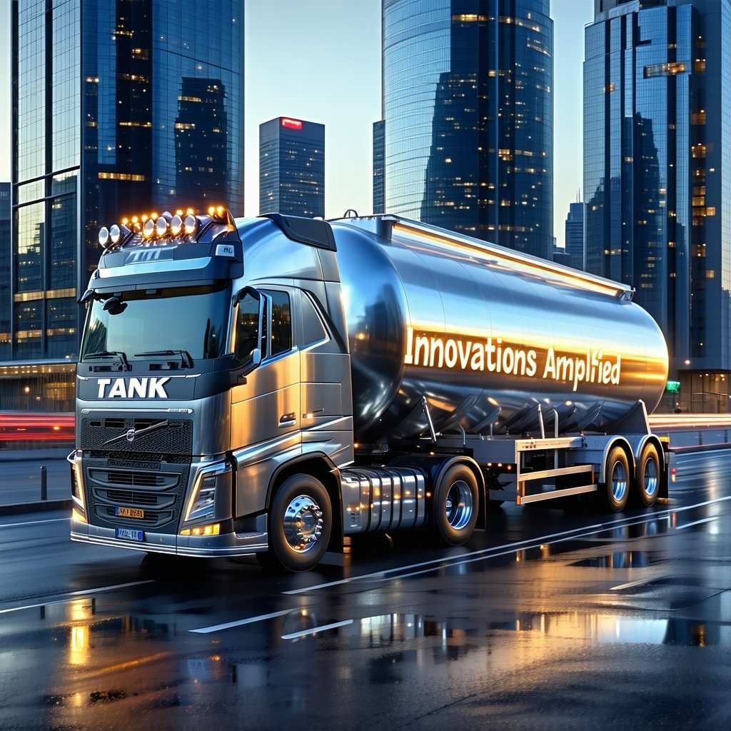 The image features a striking semitruck outfitted with a gleaming tanker trailer with the words Innovations Amplified in bold modern typography on the TANK The backdrop is a vibrant cityscape showcasing a skyline of towering buildings with reflective