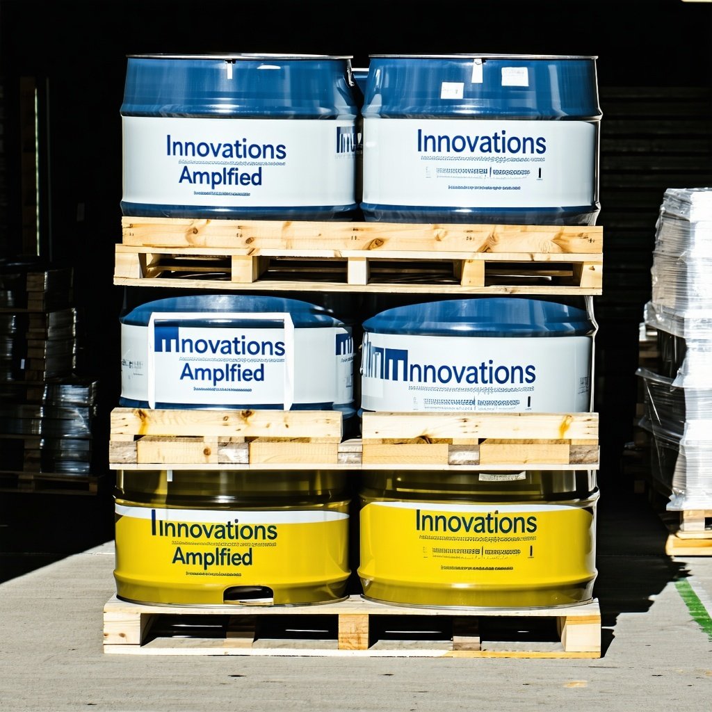 pallet of drums with 4 drums on the bottom and 4 on top of the bottom 4 each barrel should say Innovations Amplified neighborhood background pallet of drums with 4 drums on the bottom and 4 on top of the bottom 4 each barrel should say Innovations Amplified neighborhood background