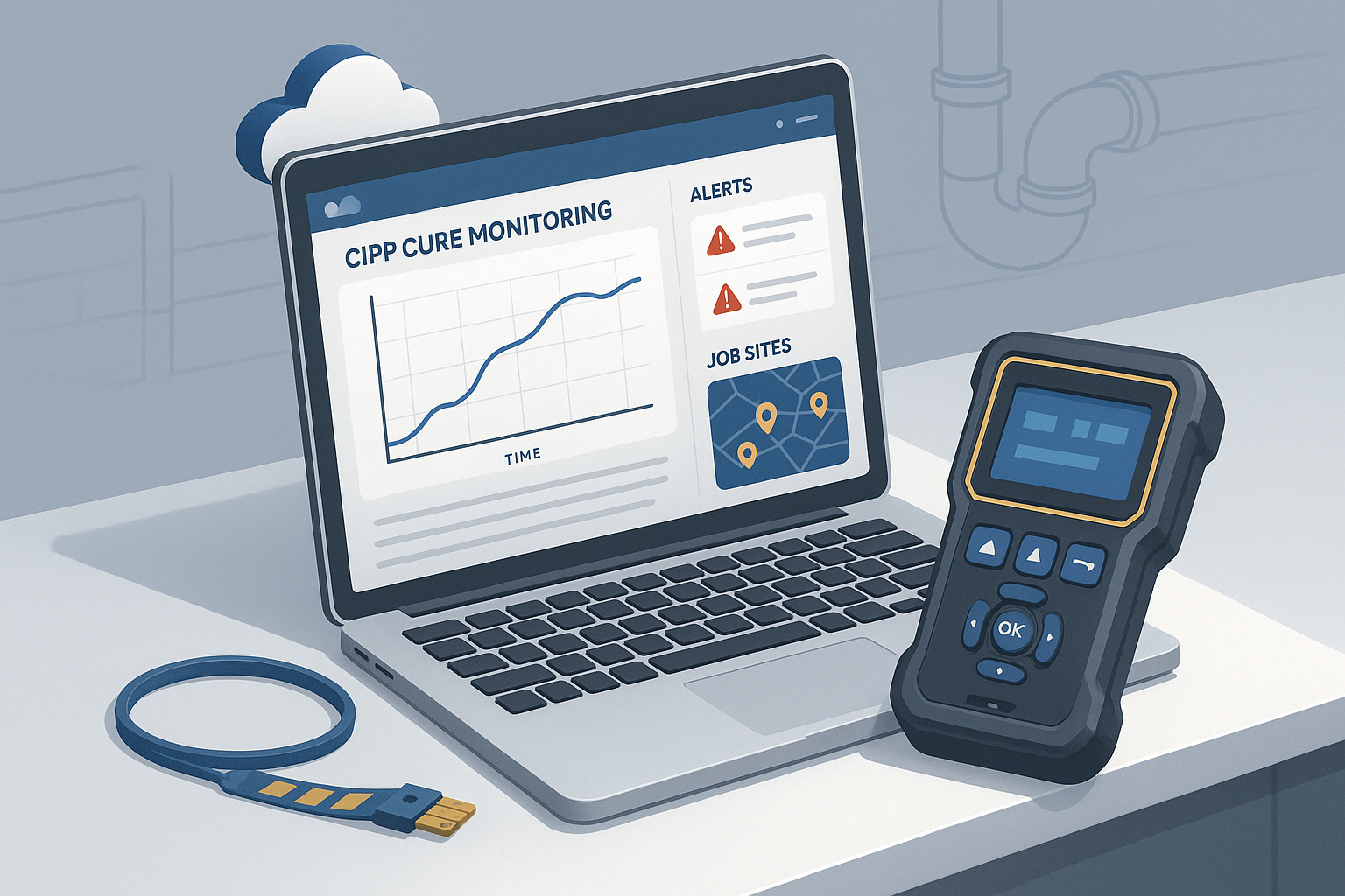 Isometric cloud dashboard displaying CIPP cure temperature charts, alerts, and jobsite map with a handheld controller and sensor strip in the foreground.