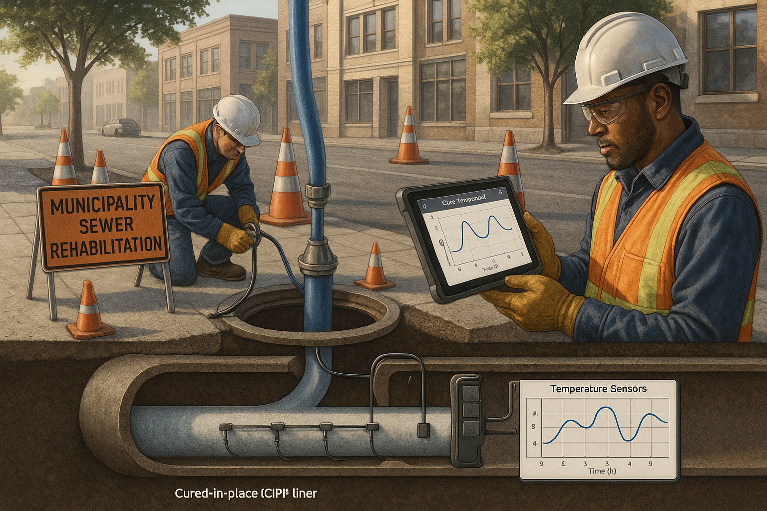 Municipal CIPP jobsite with sensor strip and handheld controller monitoring cure, foreman reviewing digital QC dashboard at street-level work zone.